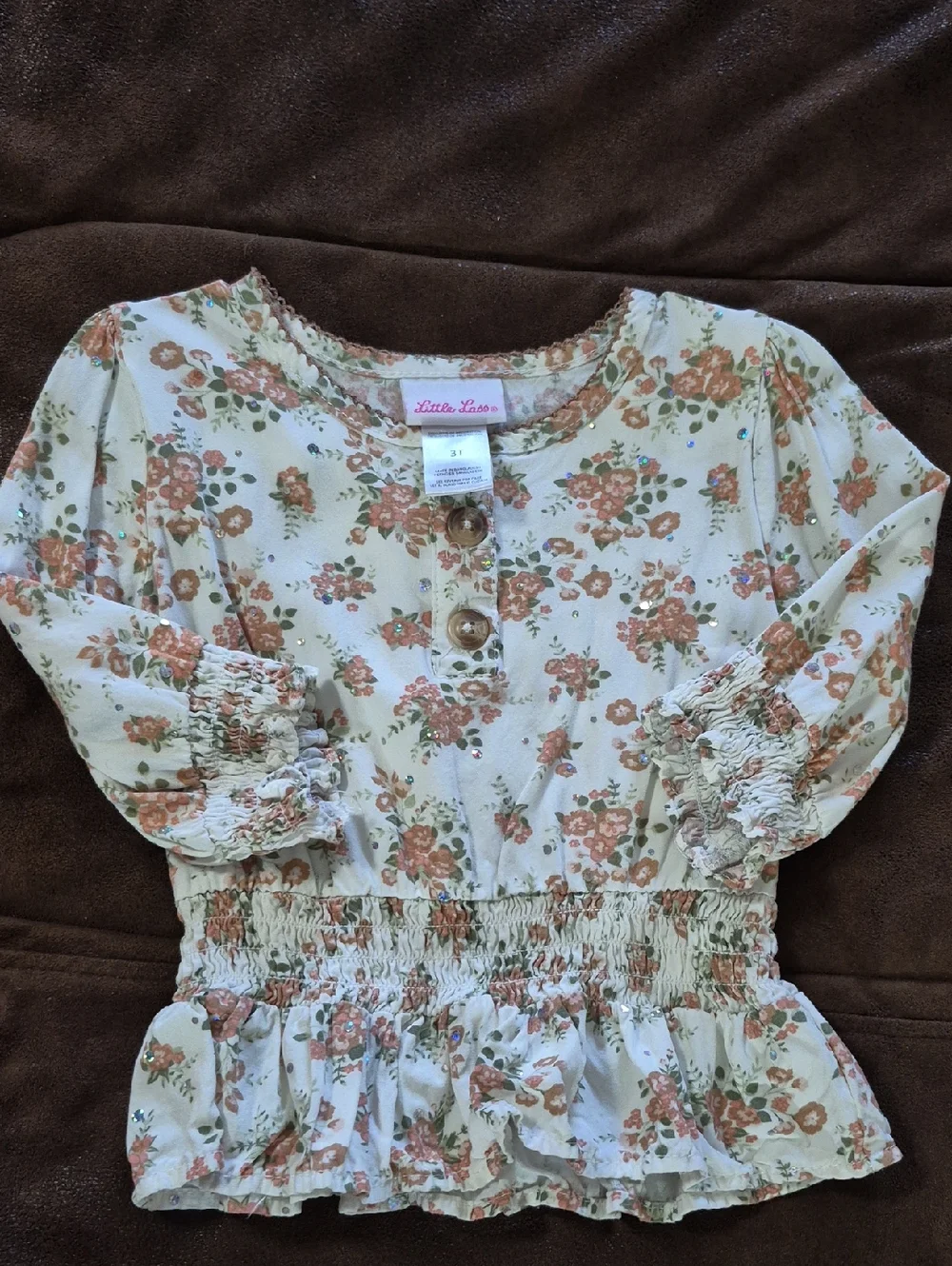 Little Lass Cream Floral Blouse with Mauve Trim, Matching Lehgings, W/ Hair Bow. - Picture 3 of 6